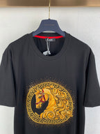 Black graphic T-shirt close-up showing horse emblem at the chest