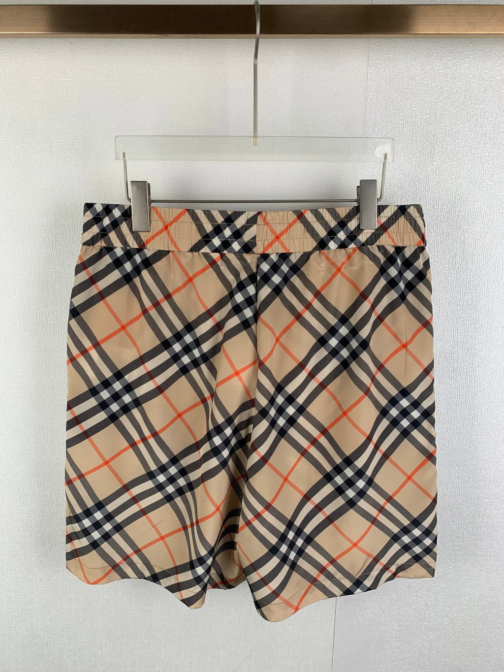 Burberry plaid pants with elastic waist and beige, navy, red grid pattern