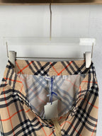 Burberry plaid pants front with elastic waistband, drawstring, and beige checks