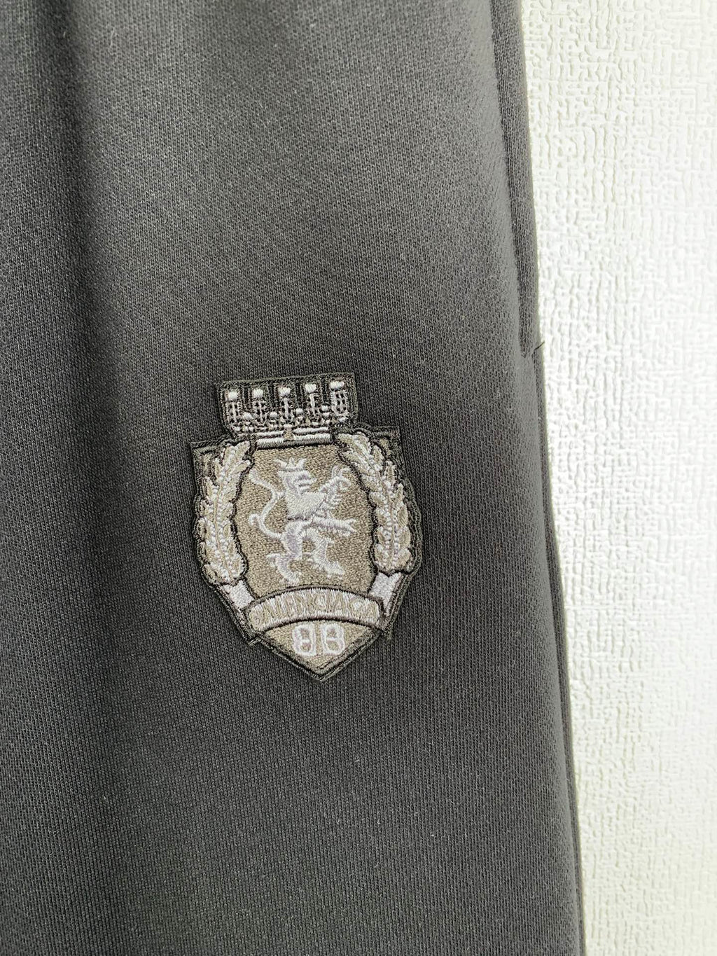 Balenciaga pants with embroidered crest logo patch on dark fabric