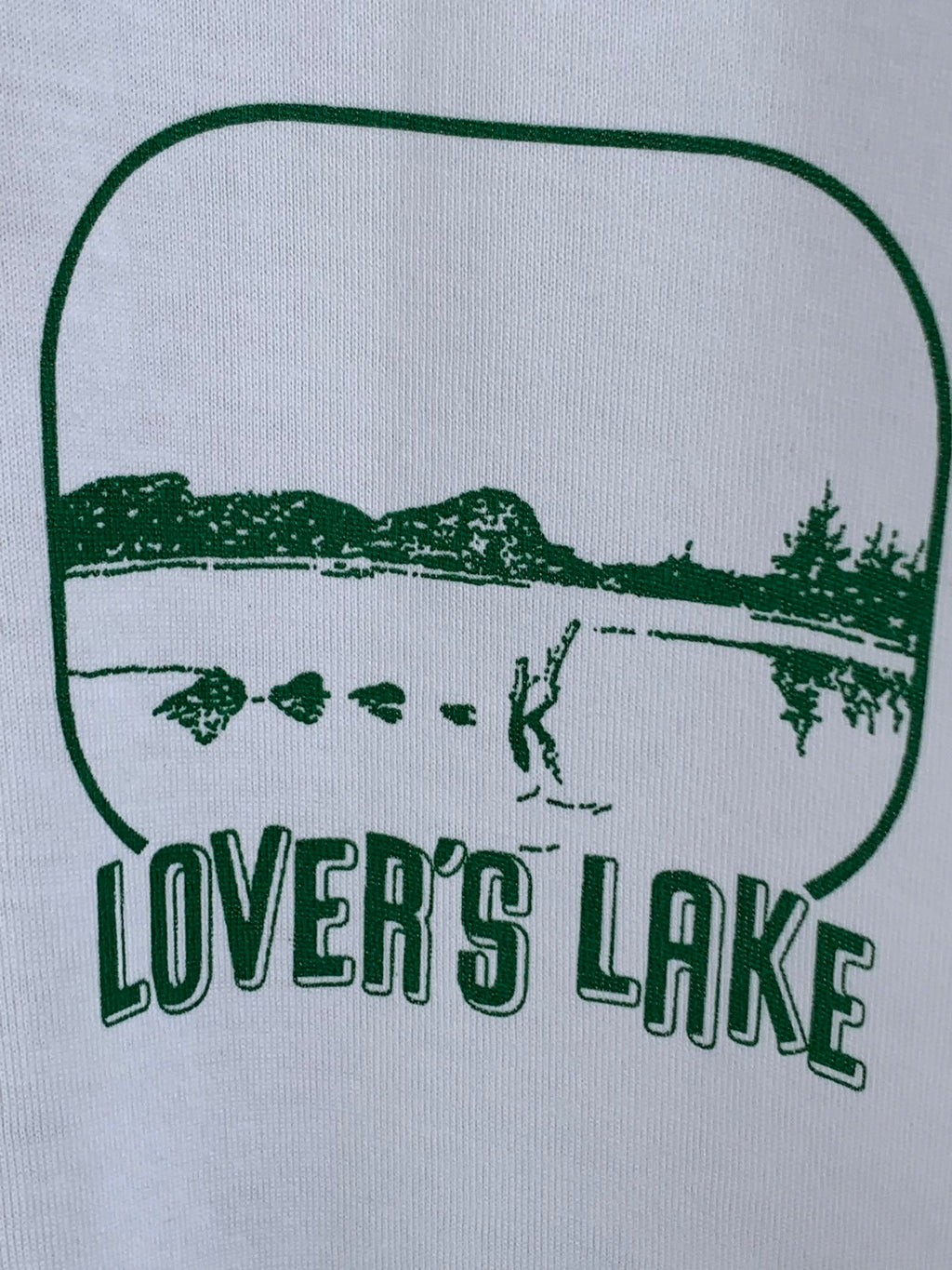 Green "LOVER'S LAKE" landscape graphic print on white T-shirt