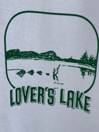 Green "LOVER'S LAKE" landscape graphic print on white T-shirt