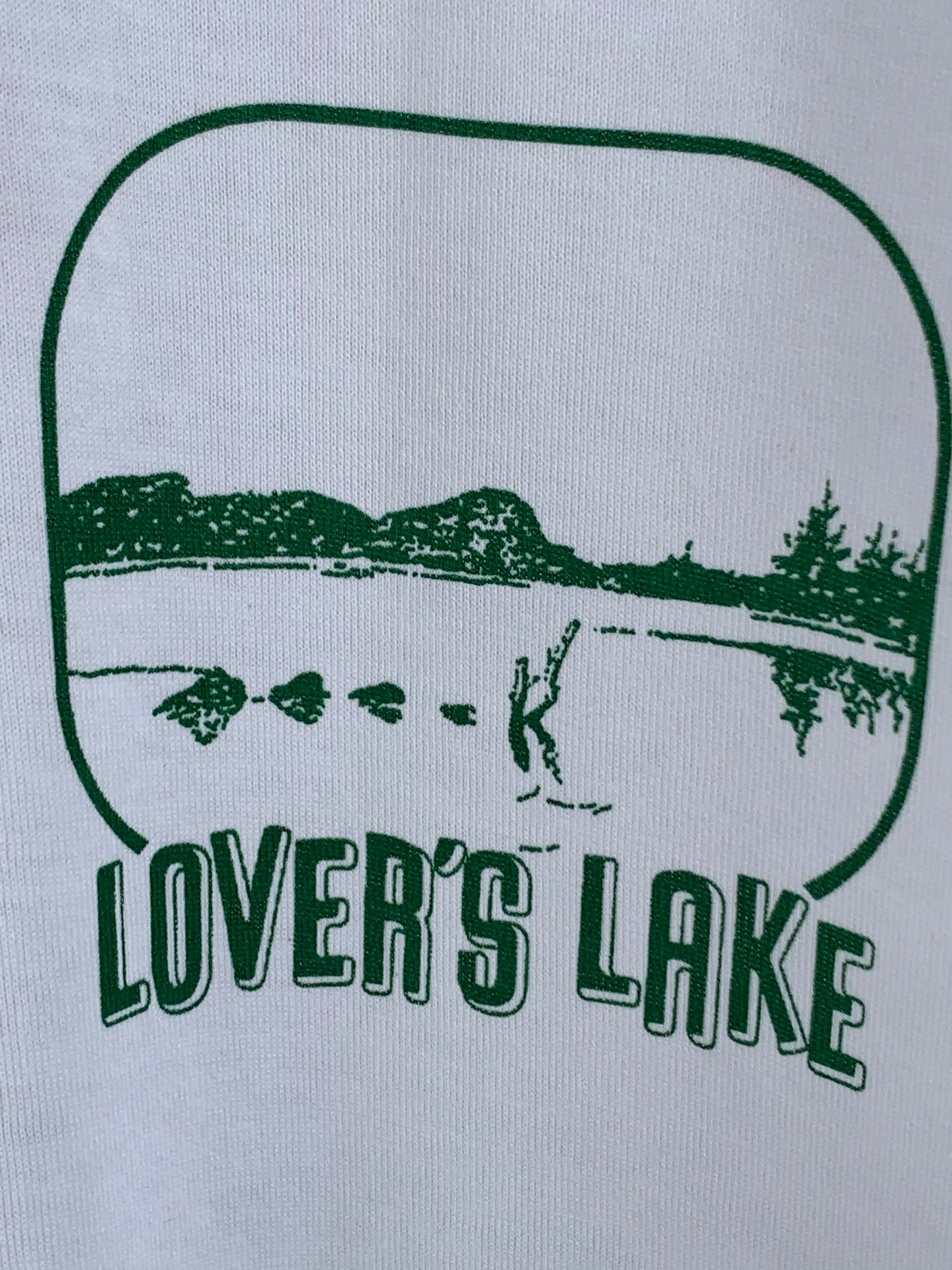 Green "LOVER'S LAKE" landscape graphic print on white T-shirt