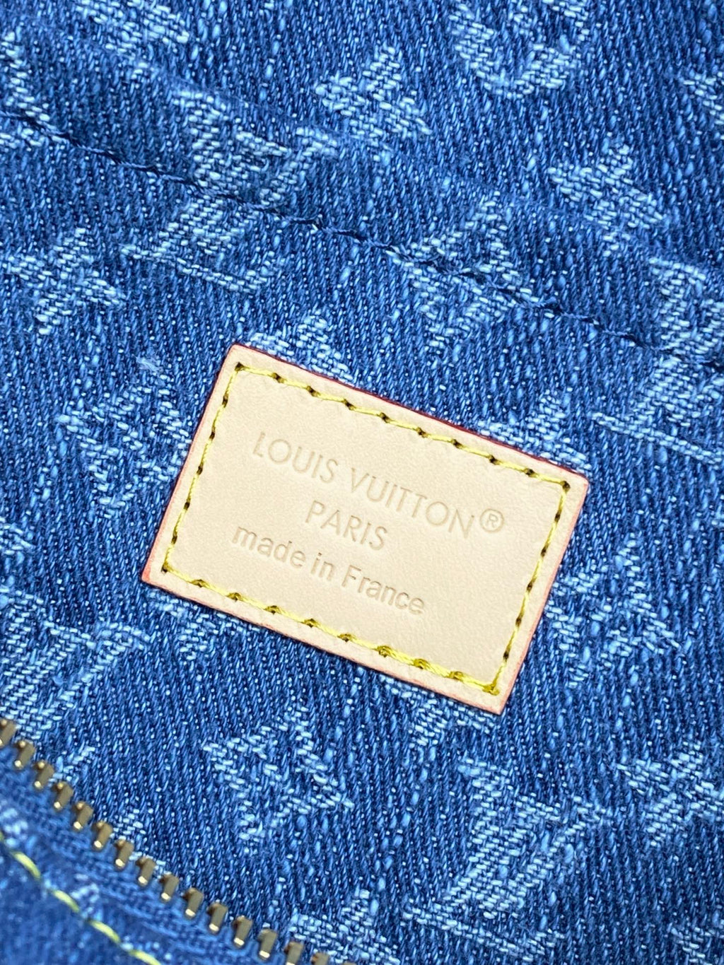 Louis Vuitton Paris made in France label patch on blue monogram canvas