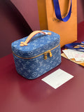 Louis Vuitton blue monogram mini vanity bag, top handle, gold zipper