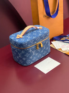 Louis Vuitton blue monogram mini vanity bag, top handle, gold zipper