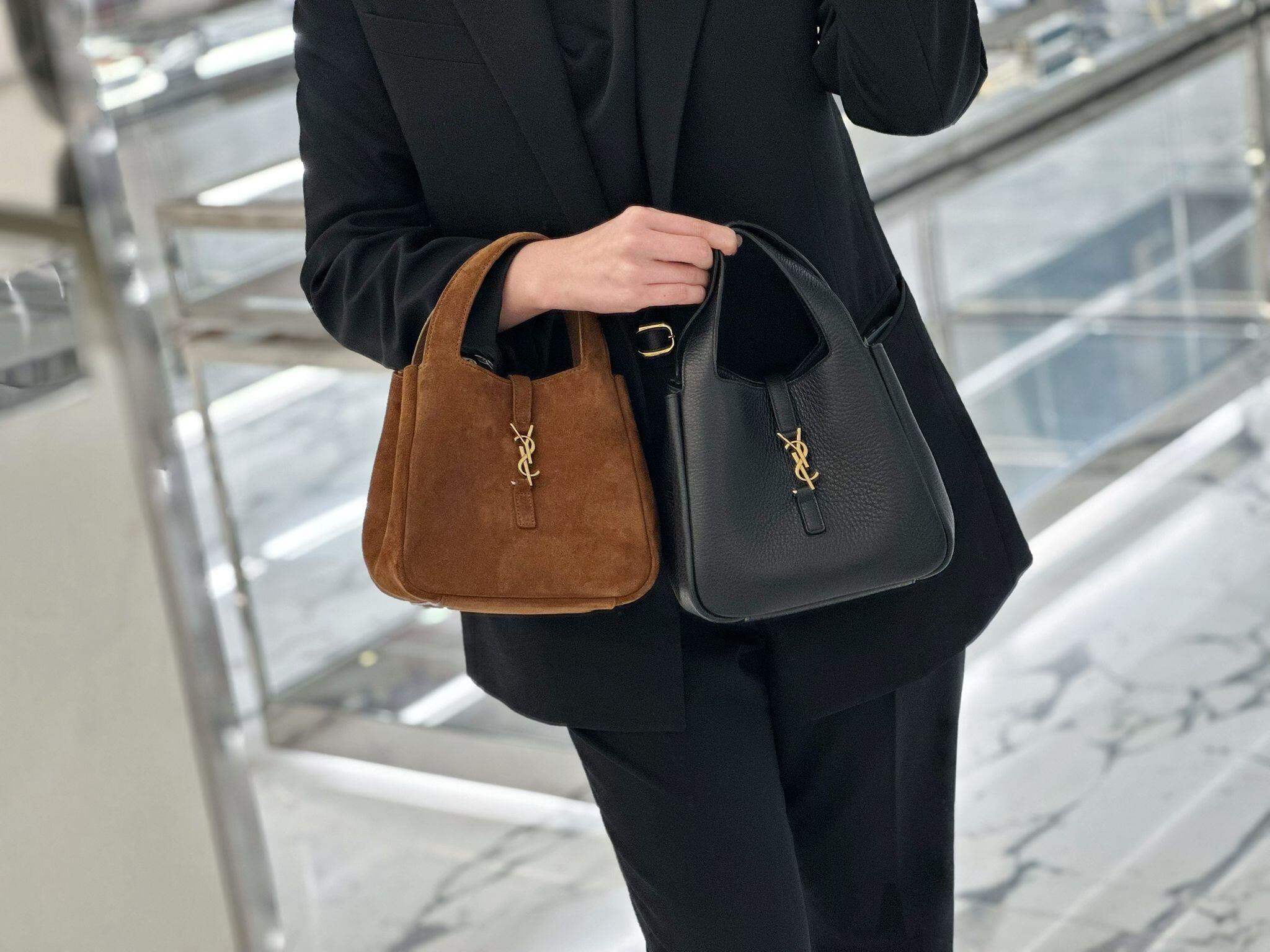 YSL suede tote bag in brown with top handles and gold YSL logo detail