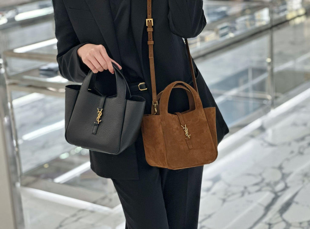 YSL two-tone tote bag set with dark leather bag and brown suede bag, both with gold logo