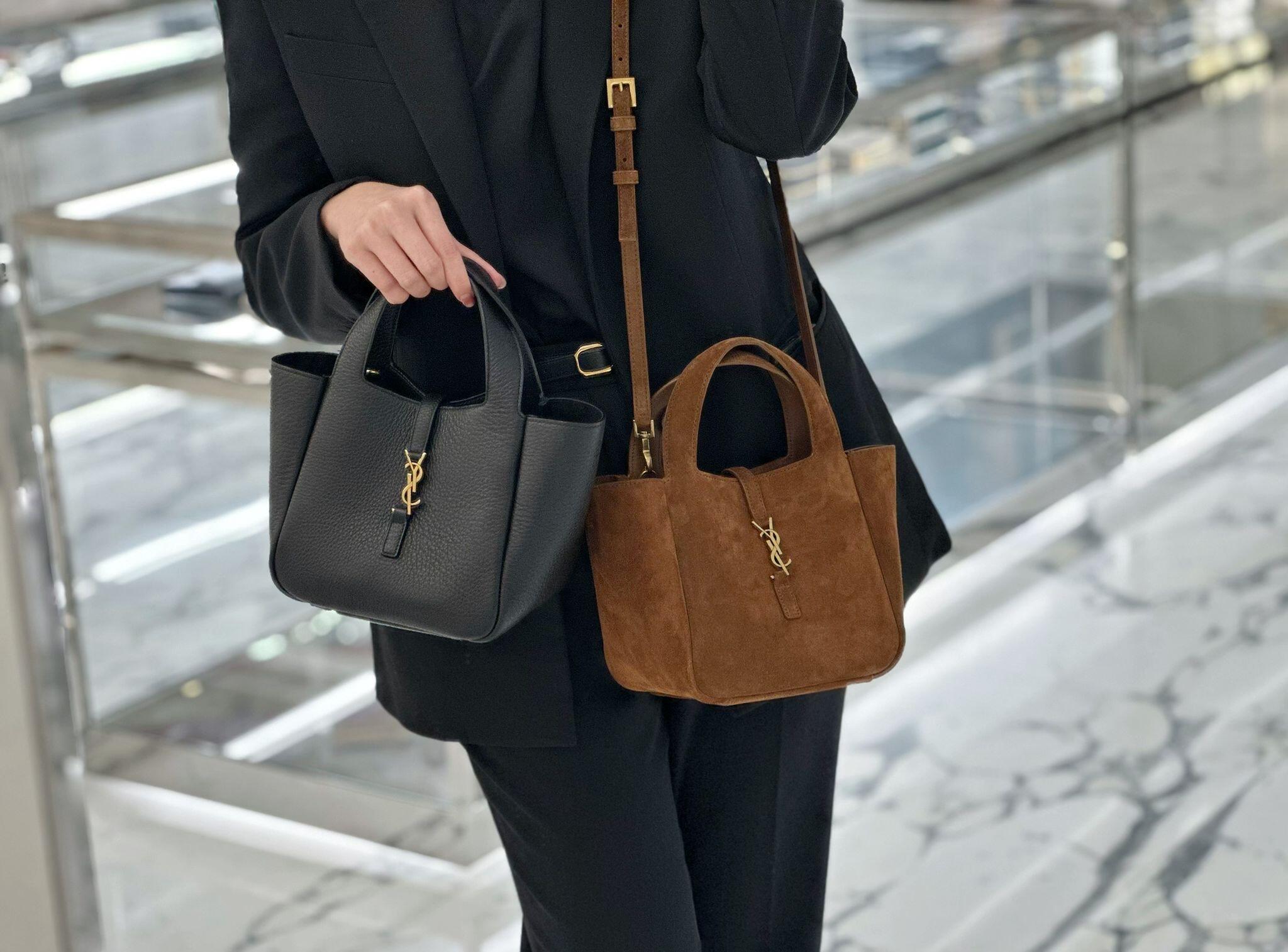 YSL two-tone tote bag set with dark leather bag and brown suede bag, both with gold logo