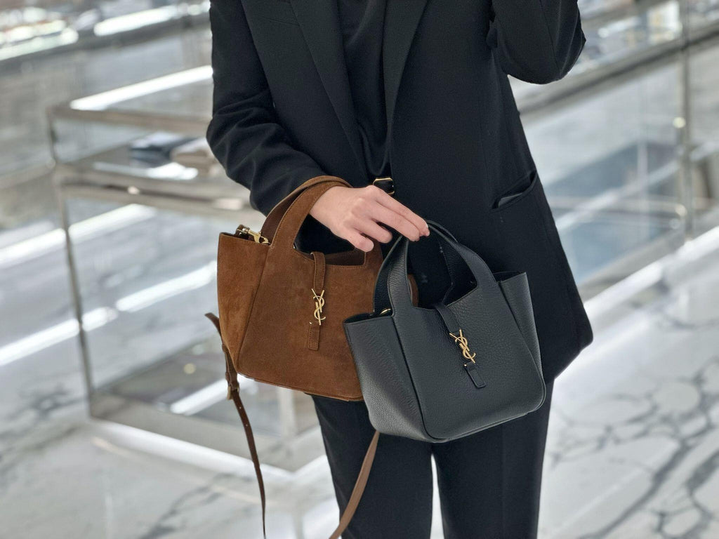 YSL suede tote bag in brown with top handles and gold YSL logo detail