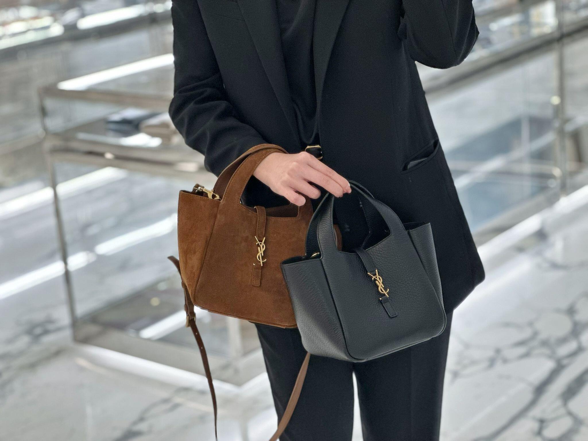 YSL suede tote bag in brown with top handles and gold YSL logo detail