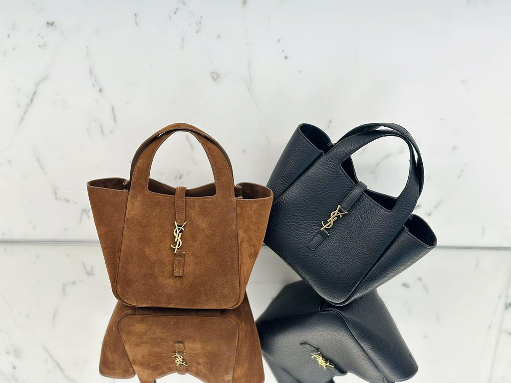 YSL suede tote bag in tan with top handles and gold YSL logo detail