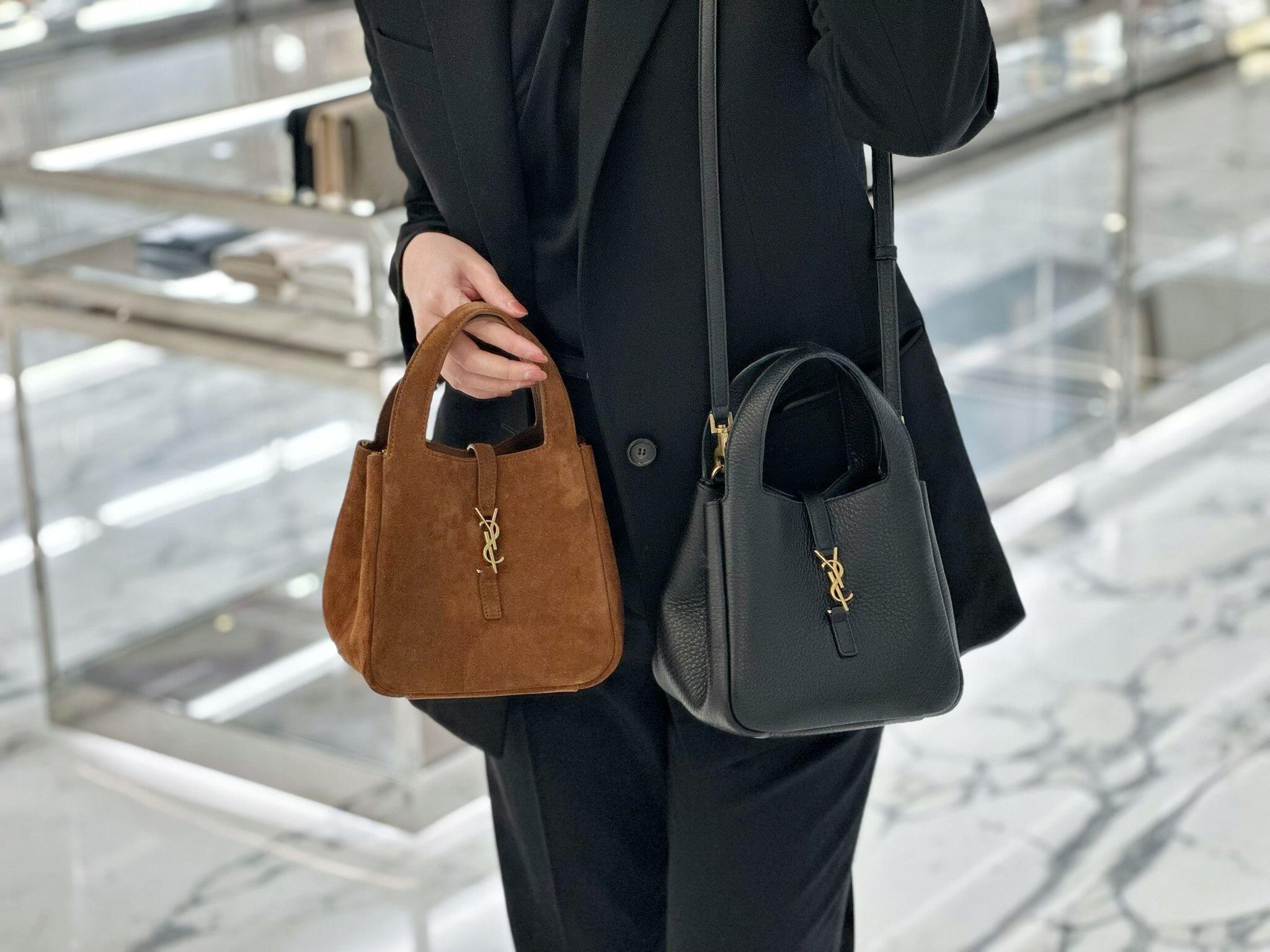 YSL suede tote bag in brown with top handles and gold YSL logo detail