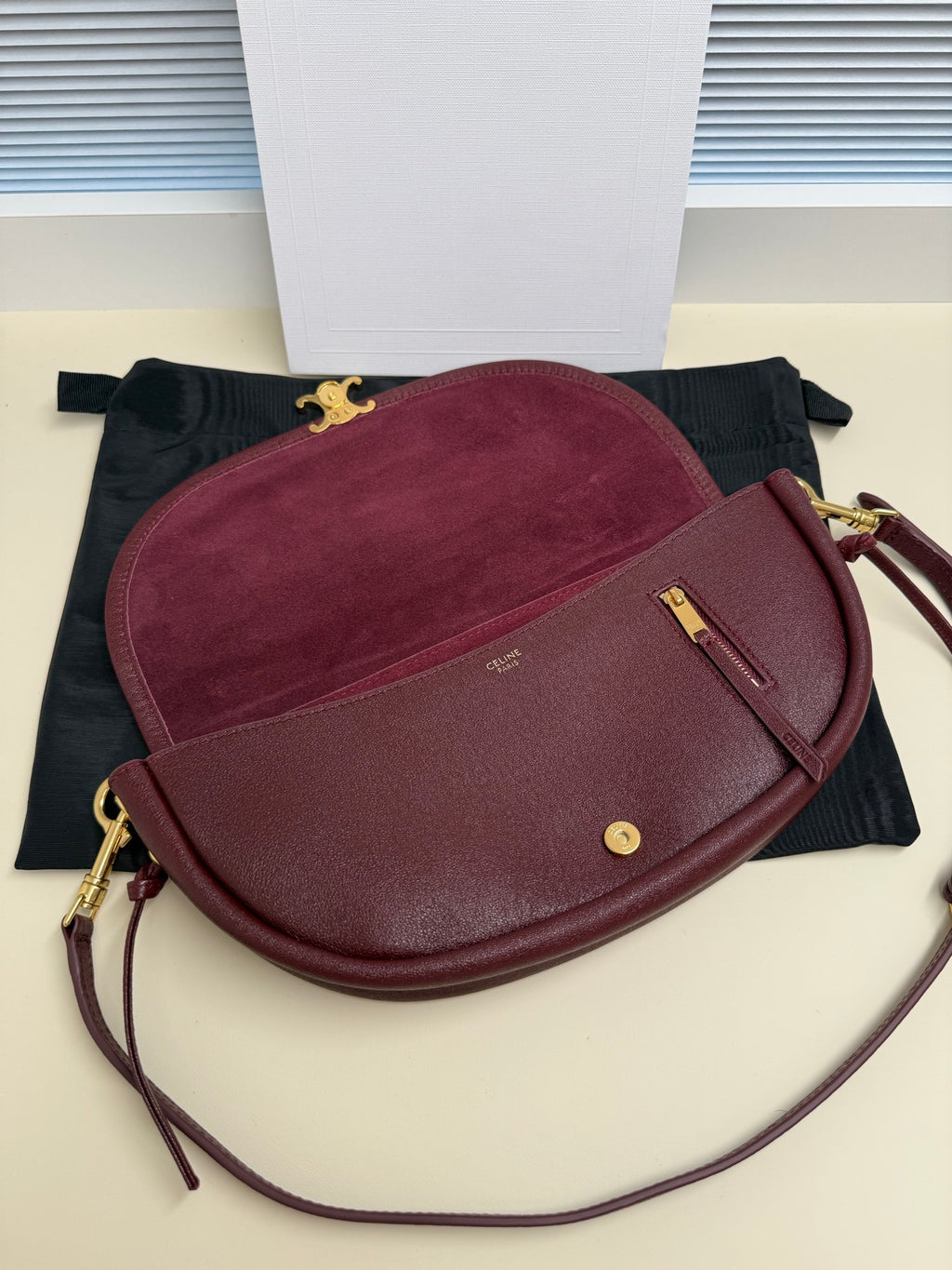 Celine crossbody bag, burgundy suede-like panel with front flap