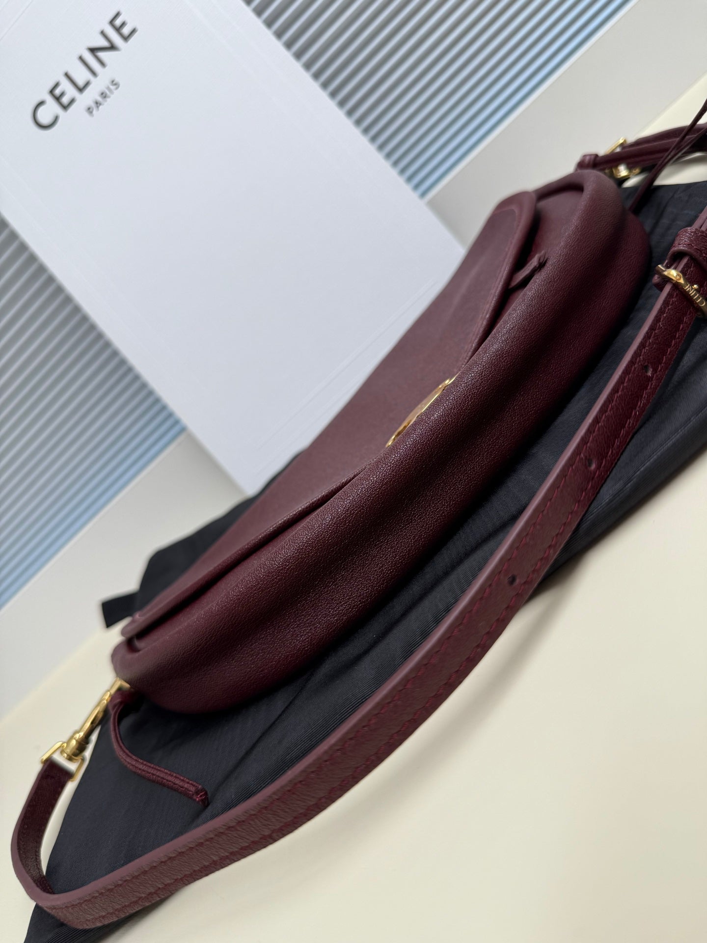 Celine crossbody bag, burgundy leather body with adjustable crossbody strap