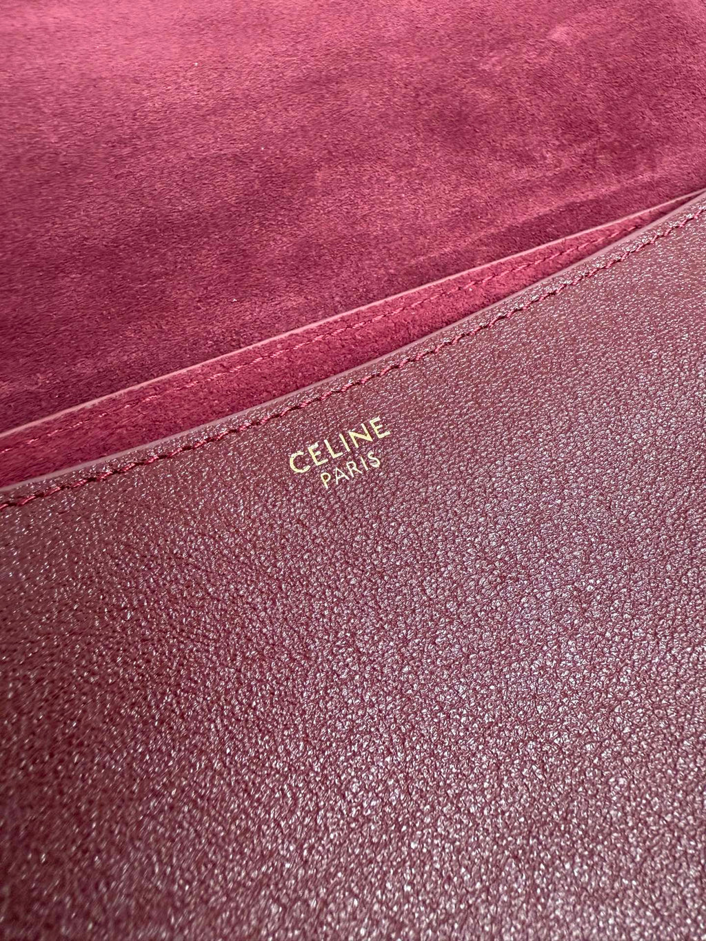 Celine bag interior stamp, Celine Paris on burgundy lining