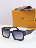 Louis Vuitton sunglasses with dark blue square frames and dark lenses, LV logo on temple.
