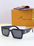 Louis Vuitton sunglasses with dark blue square frames and dark lenses, LV logo on temple.