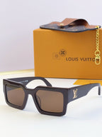 Louis Vuitton sunglasses with dark blue square frames and tinted lenses, LV logo on temple.