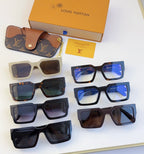 Louis Vuitton sunglasses assortment with multiple frames and matching orange monogram case.