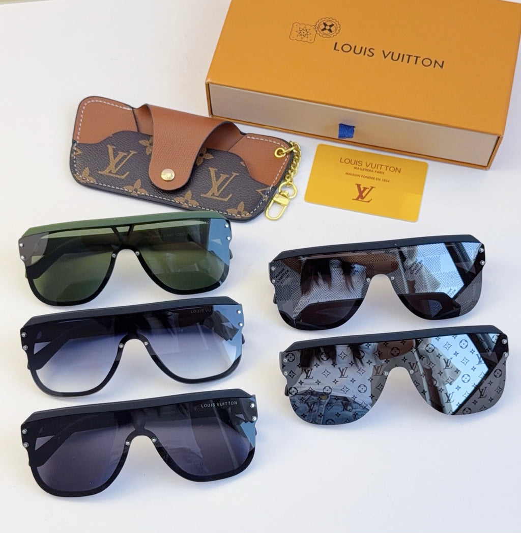Set of four sunglasses with patterned frames and a tan Louis Vuitton case