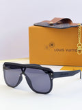 Black sunglasses with dark tinted lenses and logo text on the temple