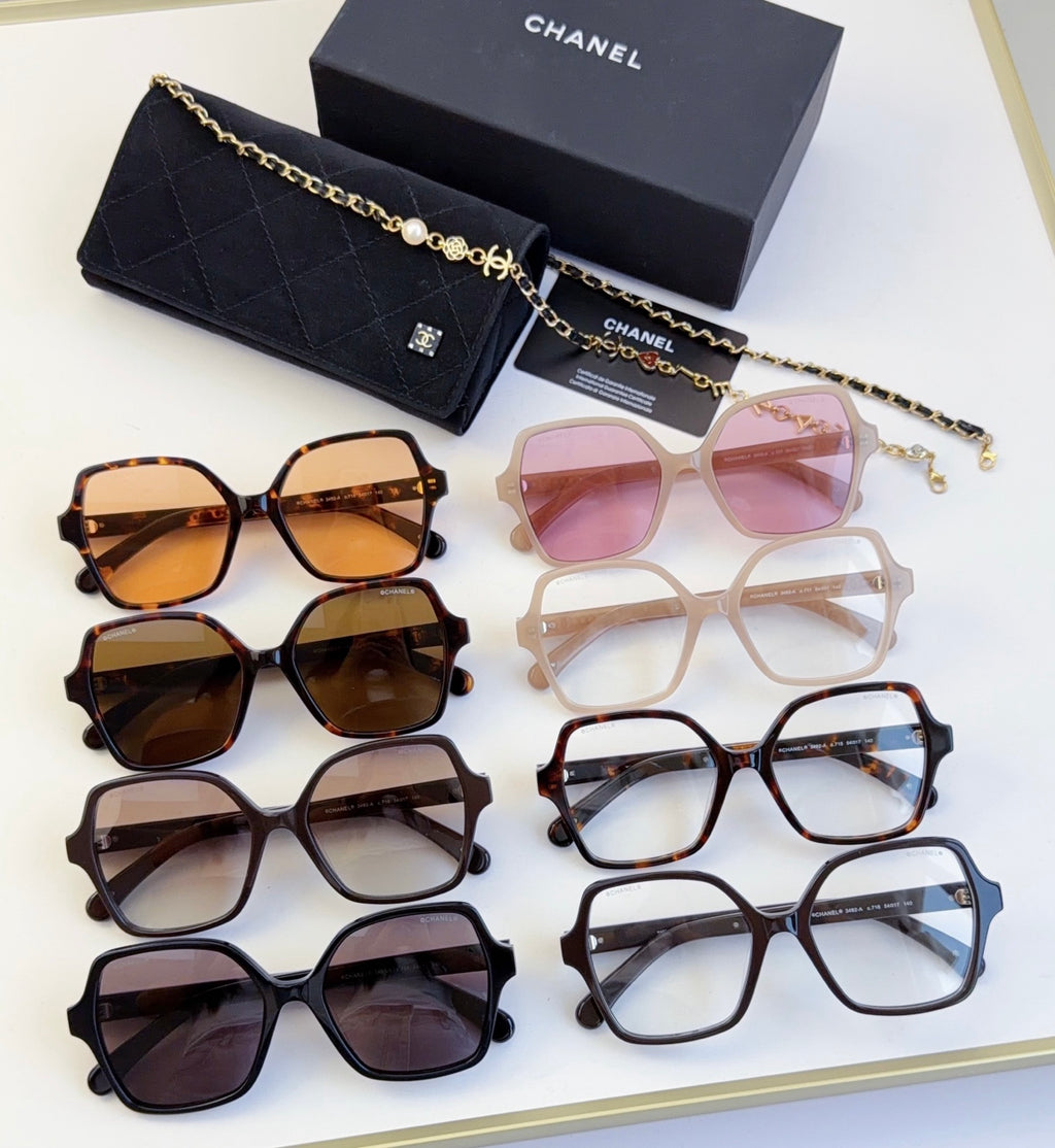 Chanel assorted sunglasses and eyeglasses set with gold-chain arms in dark, tortoise, and pink