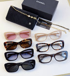 Assorted eyeglasses and sunglasses with various frames, tinted lenses, and gold chain details