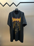 Black T-shirt with neon graphic front, short sleeves and crew neck