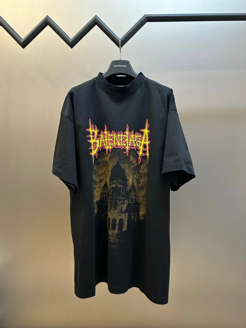 Balenciaga black crewneck T-shirt with front city skyline graphic and star text