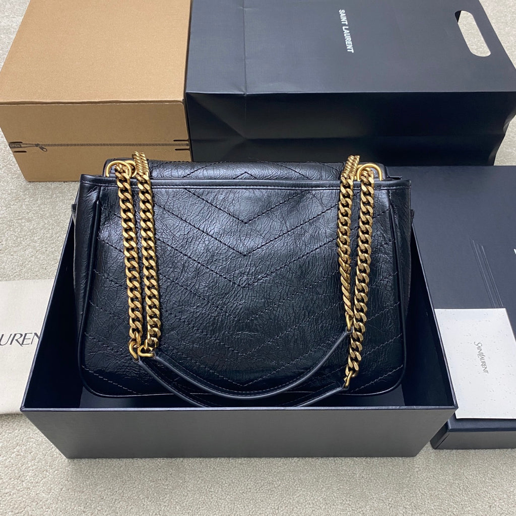 YSL quilted leather shoulder bag, dark blue, gold chain straps, curved front flap