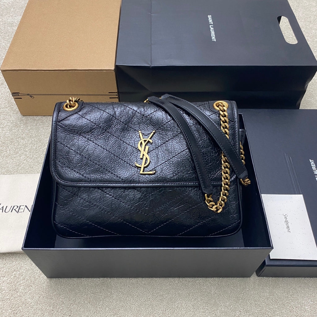 YSL leather shoulder bag, dark blue textured finish, gold YSL logo on flap