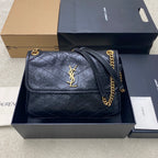 YSL leather shoulder bag, dark blue textured finish, gold YSL logo on flap