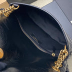 YSL leather shoulder bag interior pocket detail, dark blue lining with gold clasp