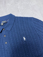 Ralph Lauren cable-knit polo shirt in blue with buttoned collar and small horse logo