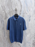Ralph Lauren cable-knit polo shirt in blue with button placket and ribbed collar