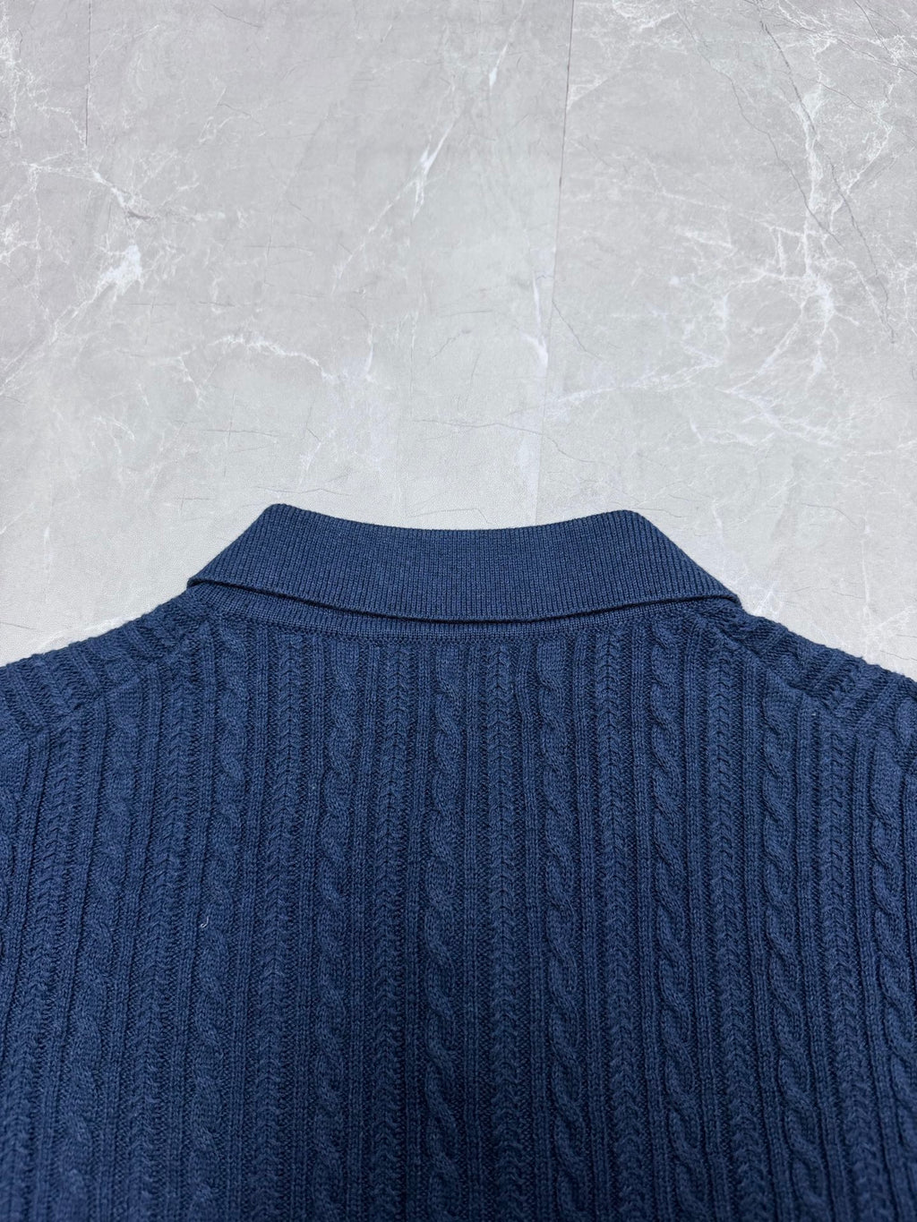 Ralph Lauren blue cable-knit polo shirt back with ribbed collar