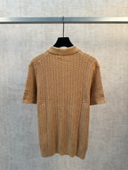 Tan cable-knit polo shirt back with short sleeves and ribbed collar