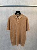 Tan cable-knit polo shirt with short sleeves and 3-button placket