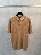 Tan cable-knit polo shirt with short sleeves and 3-button placket