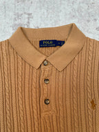 Tan cable-knit polo collar and button placket with Polo Ralph Lauren label