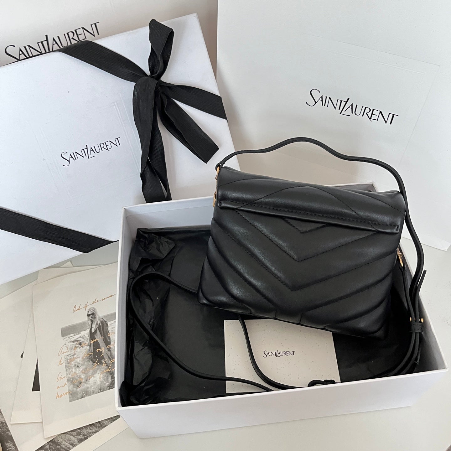 YSL Saint Laurent quilted leather shoulder bag, black, with top flap