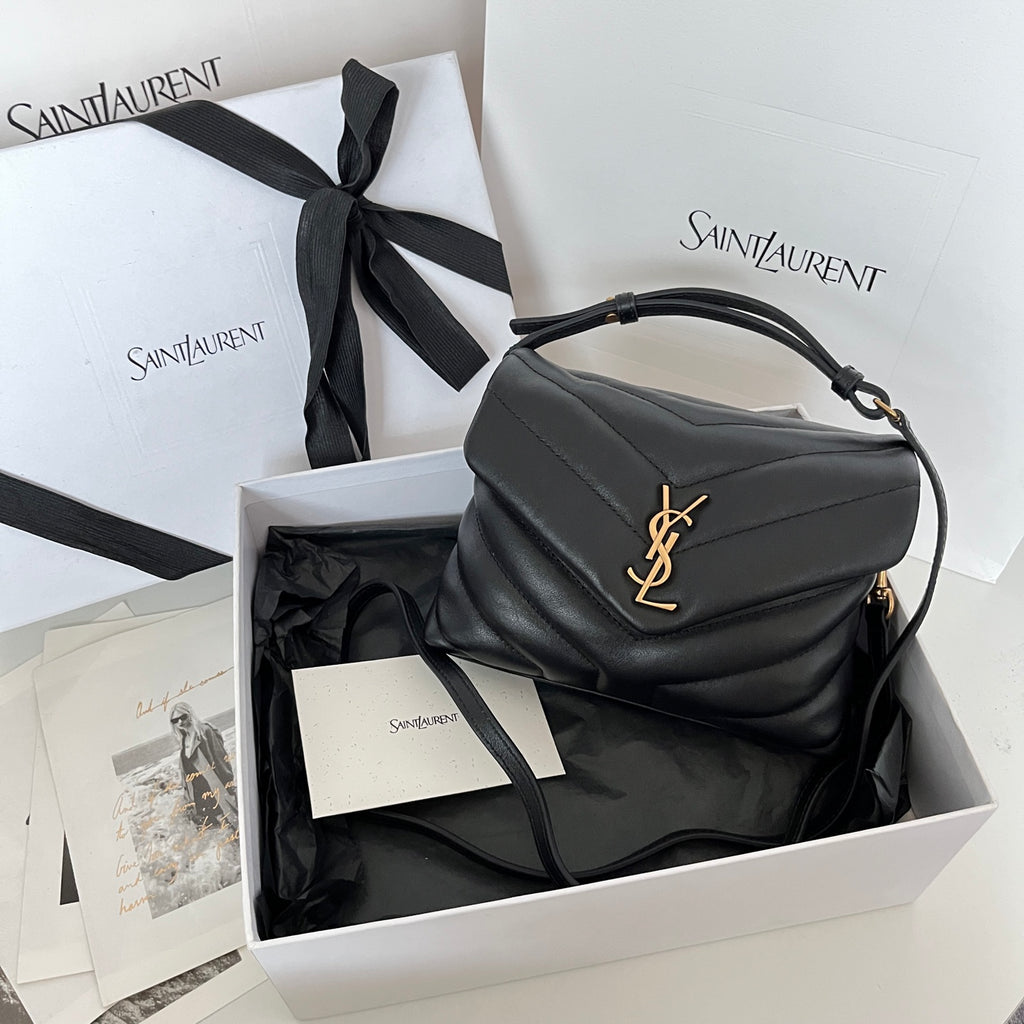 YSL Saint Laurent quilted leather shoulder bag, black, with curved strap