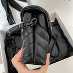 Small leather crossbody bag with top handle and clasp, dark gray-black