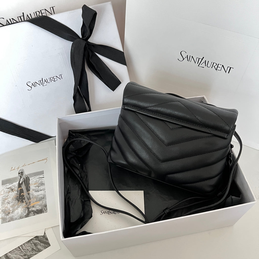 YSL quilted leather shoulder bag, structured shape with strap, dark gray-black