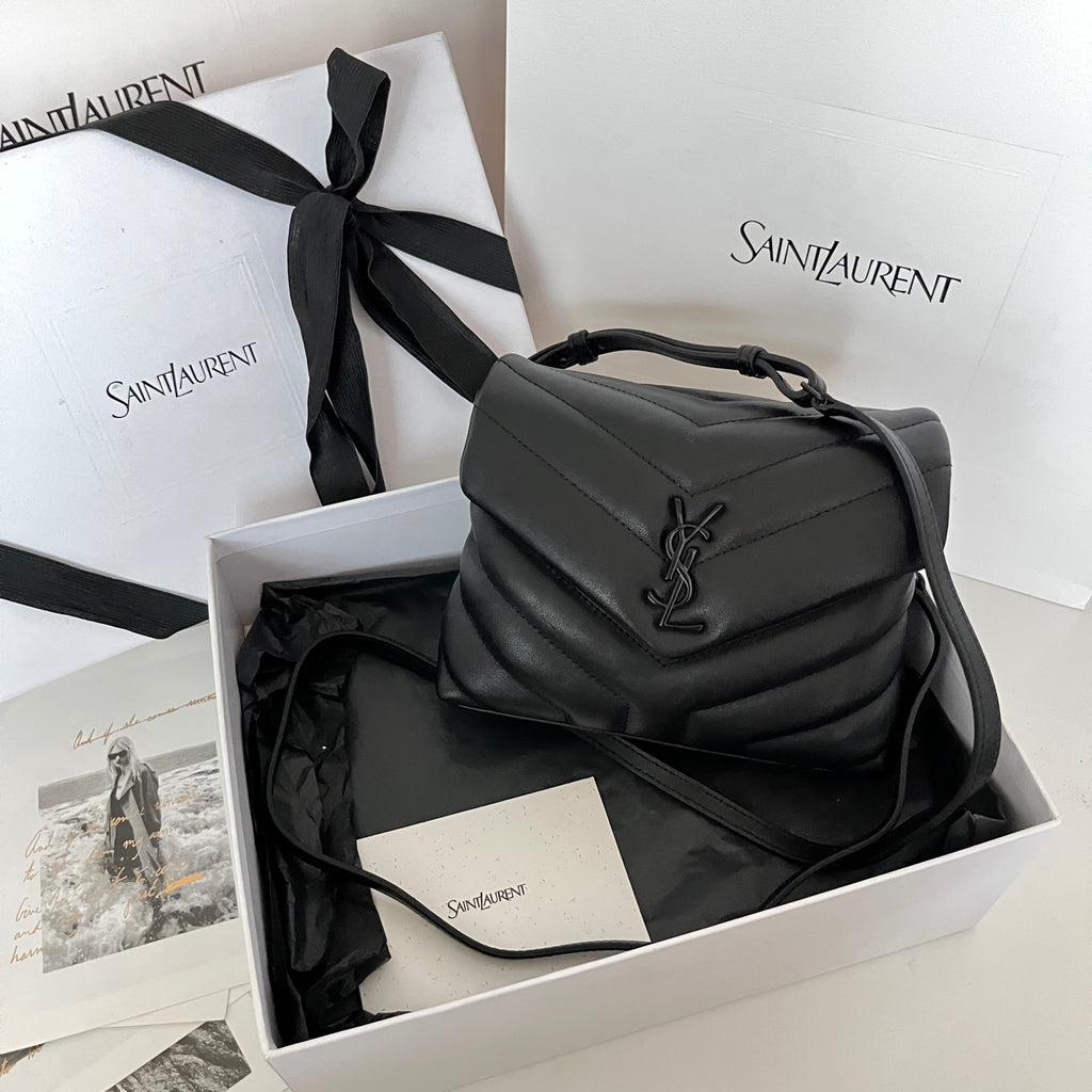 YSL quilted leather shoulder bag with clasp, dark gray-black
