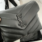 Quilted leather flap with YSL monogram clasp, dark gray-black
