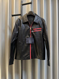 Prada black leather jacket with red zip and logo stripe at chest