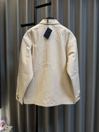 Prada beige canvas jacket back view, stand collar and full-length zipper