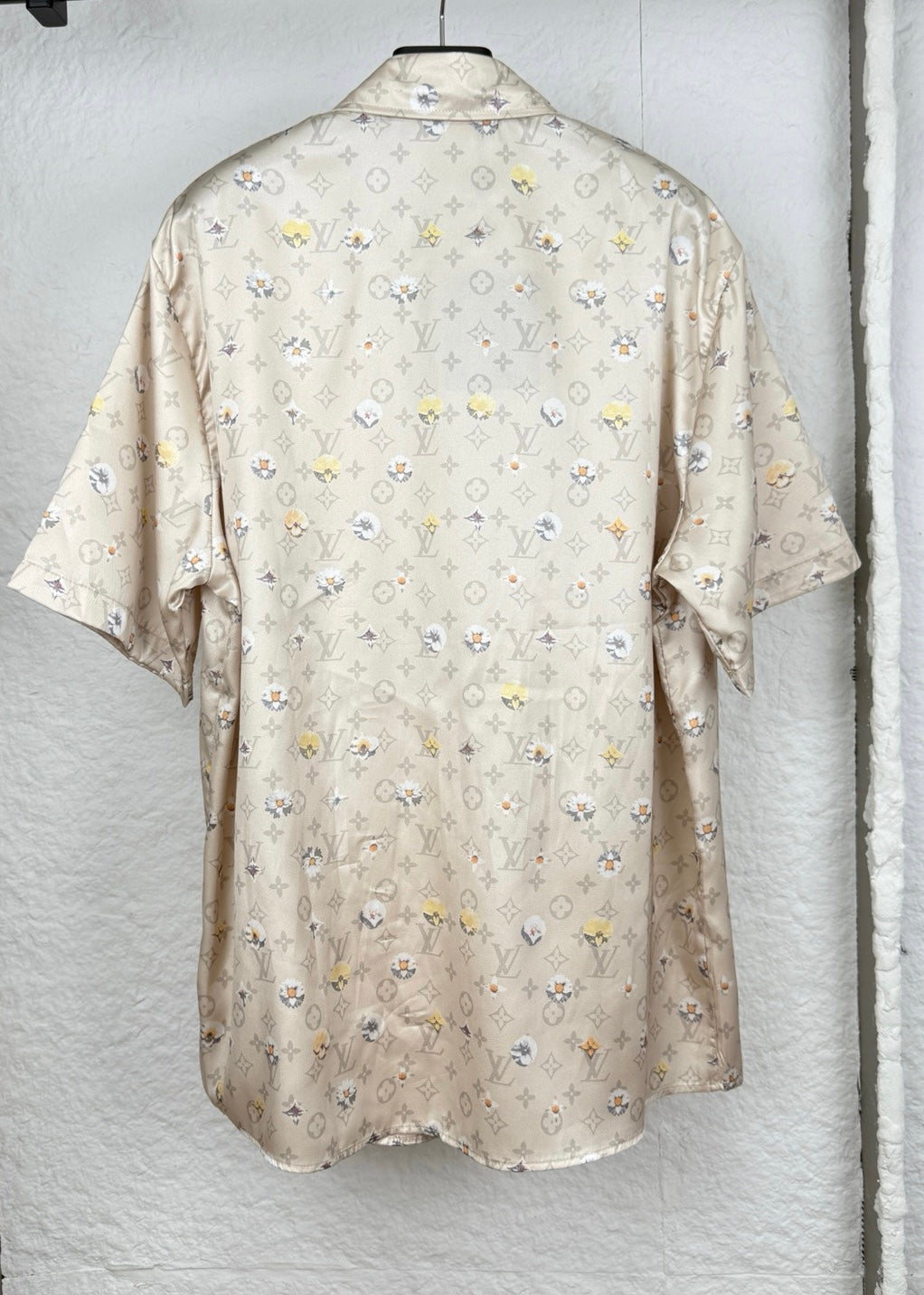 Beige short-sleeve button-up shirt, allover monogram and floral print